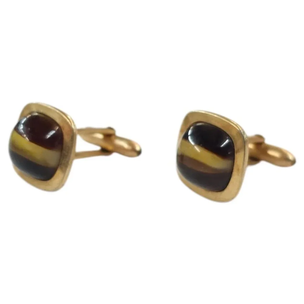 Correct Quality Tigers Eye Cufflinks Brown Yellow Vintage Gold Tone MCM Jewelry